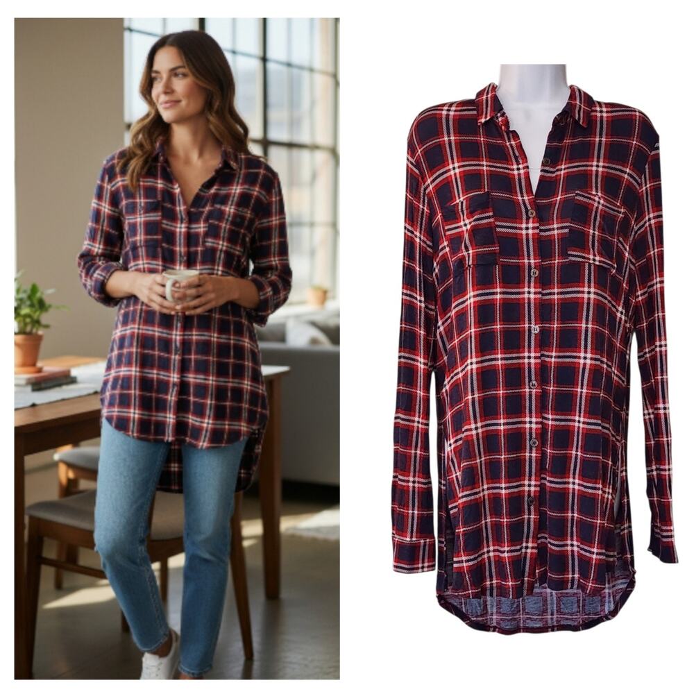 Vanity Womens Button Down Top Size M Red Plaid Long Roll Tab Sleeve Split Seams